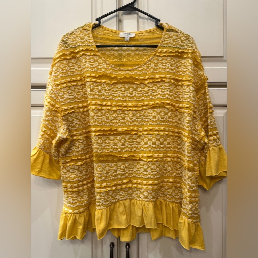 Umgee USA Mustard Yellow Boho Lace Ruffle Blouse Bell Sleeve Top Small